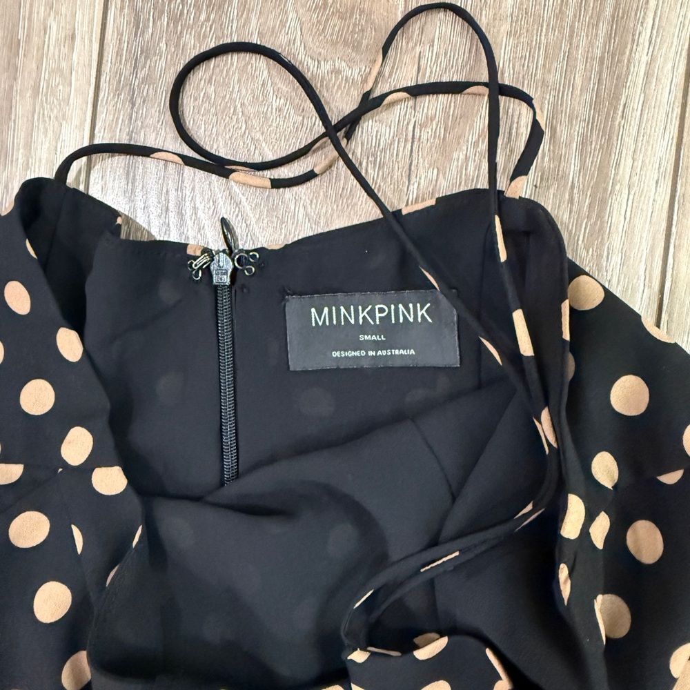 MINKPINK Ayat Cami Frill Slip Polka Dot Midi Dress in Mocha and Black Size Small - Picture 4 of 5